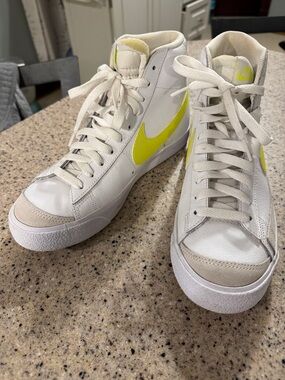 Nike White Sneakers with Neon Yellow Swoosh